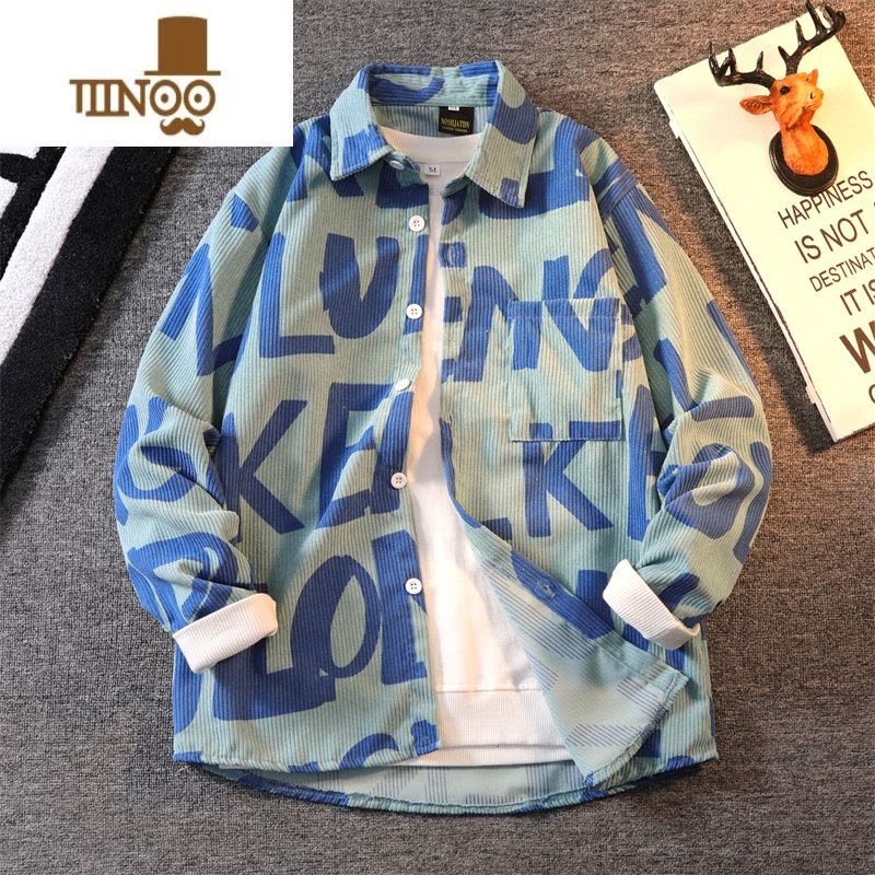 YANXU美式复古灯芯绒长袖衬衫男高街痞帅潮流宽松男装外套潮牌衣服图片