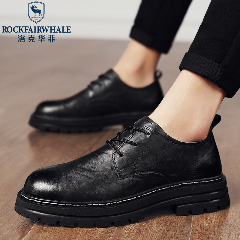 华菲工装鞋夏季男鞋英伦风马丁靴圆头黑色低帮真皮大头休闲小皮鞋子