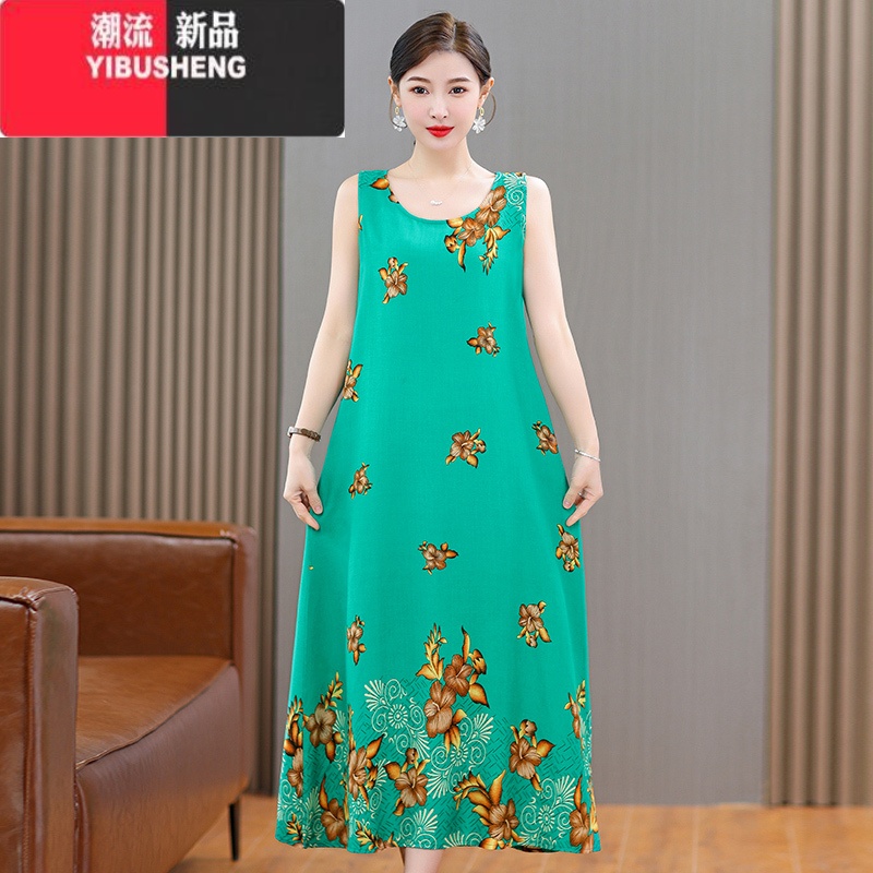 YIBUSHENG中年妈妈装棉绸连衣裙女装无袖中长款宽松大码显瘦沙滩大摆裙子 23号色 5XL建议160-175斤穿