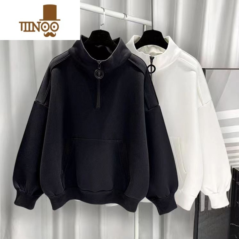 YANXU港风半高领卫衣男加绒潮流百搭宽松拉链纯色男生衣服长袖2023新款高清大图