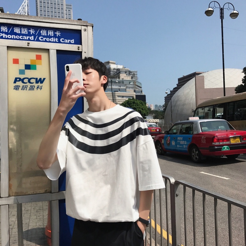韩版港男士Tee条纹帅气短袖T恤夏季学生情侣帅气半袖体恤打底衫