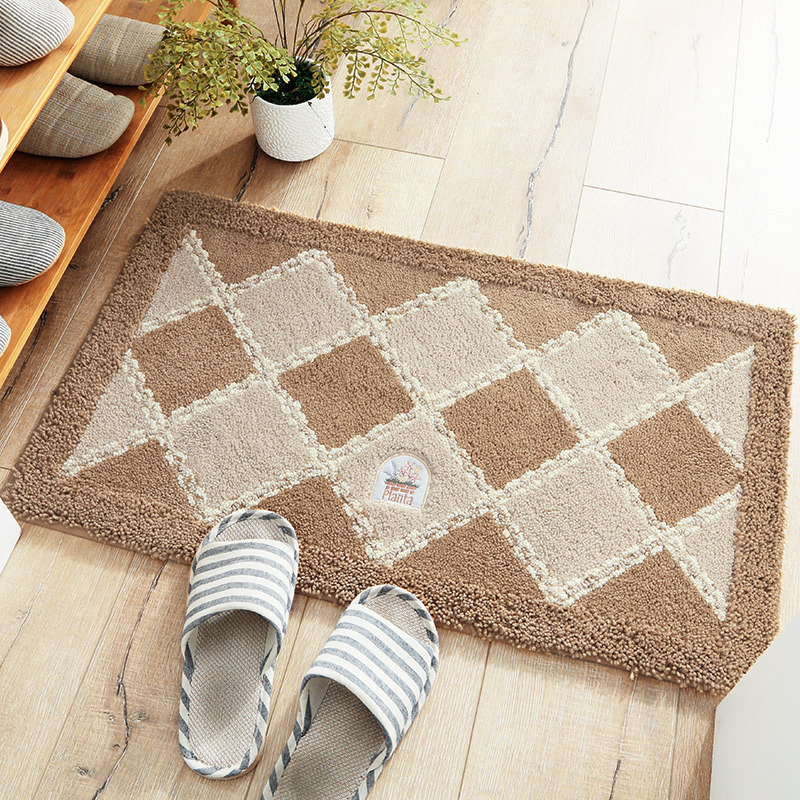 美帮汇浴室吸水防滑垫卫浴卫生间厕所口脚垫垫厅进家用地毯地垫 织物格子棕色 50x80cm