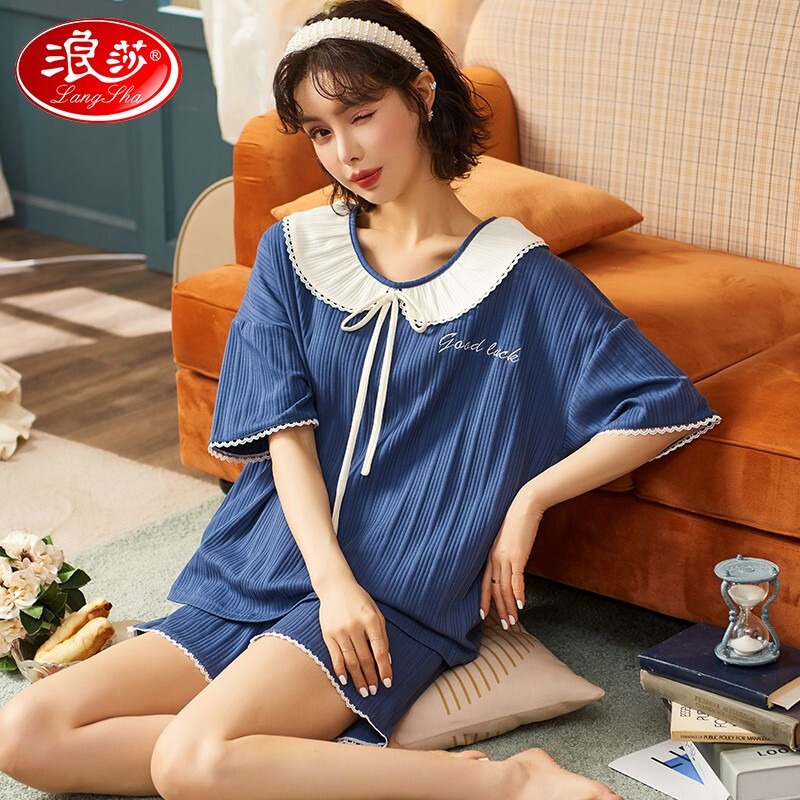 浪莎睡衣女夏季女士家居服纯棉可外穿套装公主风少女甜美可爱两件套装 藏青色 M(建议 藏青色-XL(建议120-140斤)