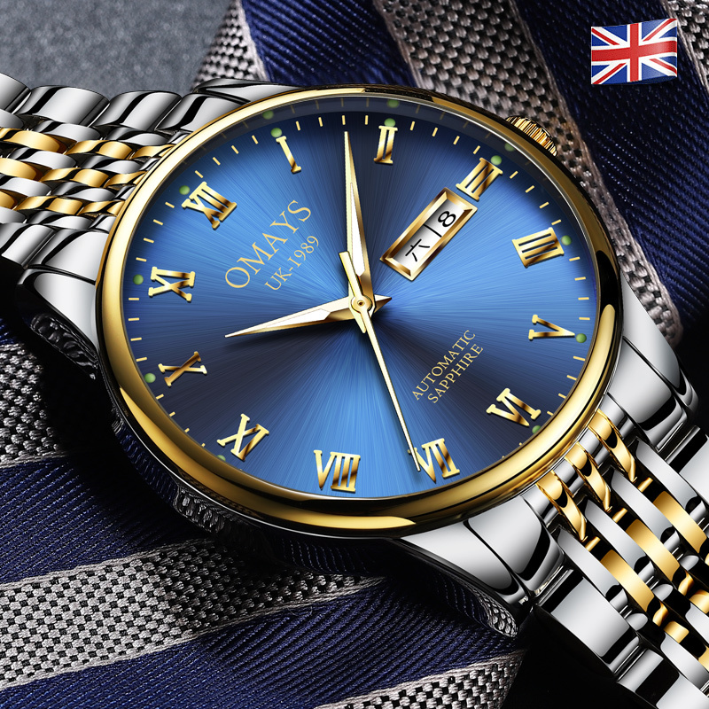 欧美时omays手表男士双日历全自动机械表男士防水夜光精钢带男表2021