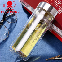 富光双层透明带滤网玻璃杯泡茶杯隔热带盖 水杯子商务杯703-280 图案随机 280ML