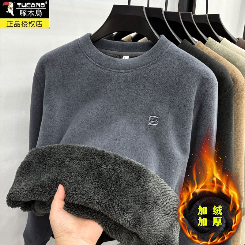 超厚驼绒】一体绒卫衣男士加绒加厚2025新款冬季圆领奥粒绒打底底高清大图