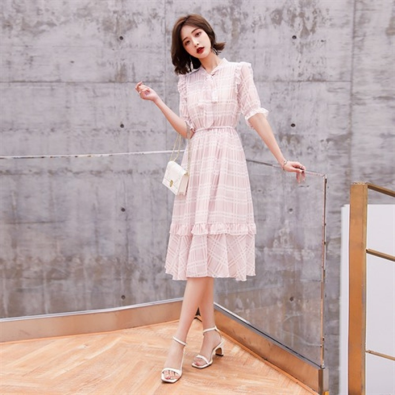 森系文艺小清新格子裙女士夏款收腰显瘦仙女冷淡风温柔少女连衣裙