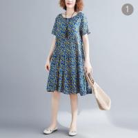 复古棉麻连衣裙女2019夏季新短袖胖mm宽松显瘦中长款大码碎花裙子