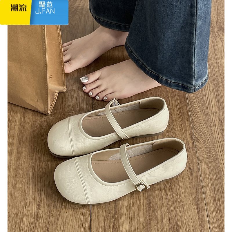 聚范白色法式圆头平底浅口单鞋女2024新款配裙子复古软底玛丽珍鞋高清大图