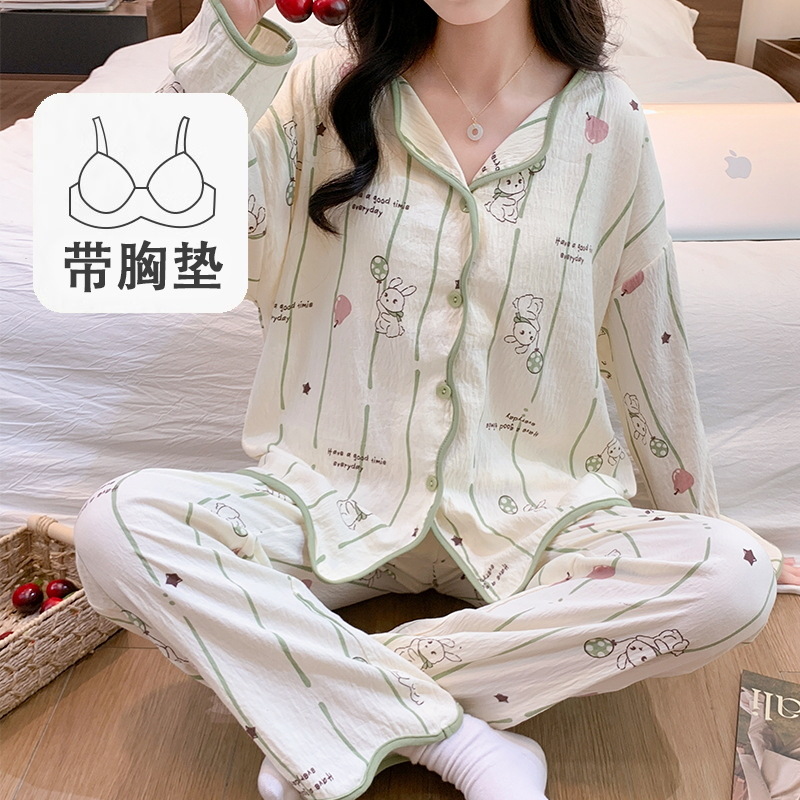带胸垫睡衣女秋冬季棉质开衫长袖皱布可爱卡通翻领外穿家居服套装