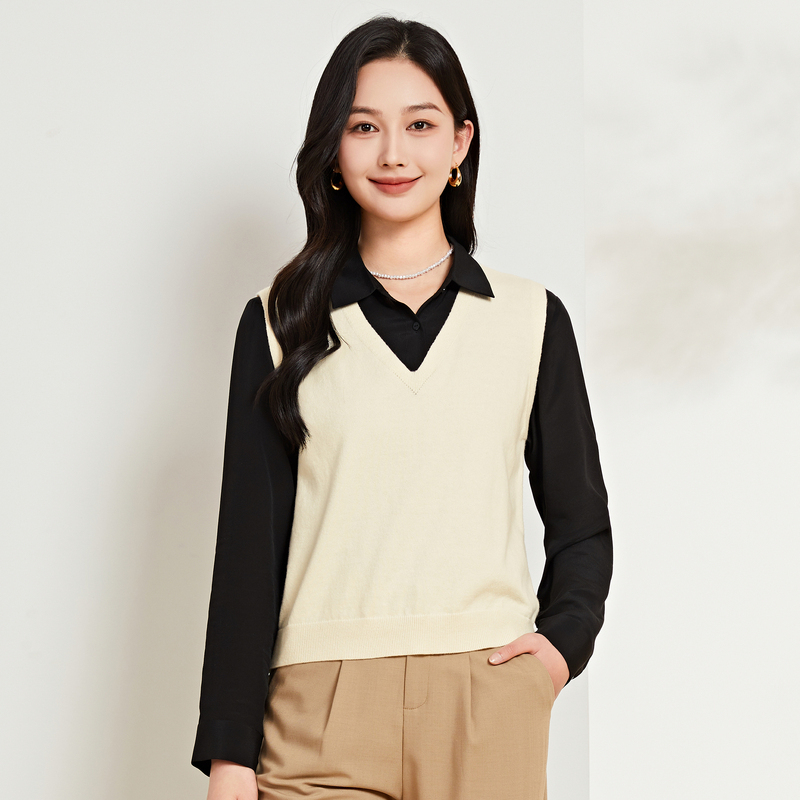 恒源祥V领纯色羊毛衫女2024春秋无袖套头针织衫时尚叠穿马甲背心