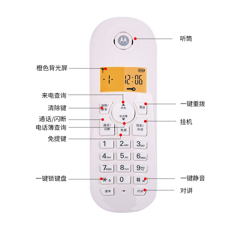摩托罗拉(MOTOROLA) C601C数字无绳电话机 无线座机 单机 大屏幕白色背光 清晰免提 办公家用 (白色)