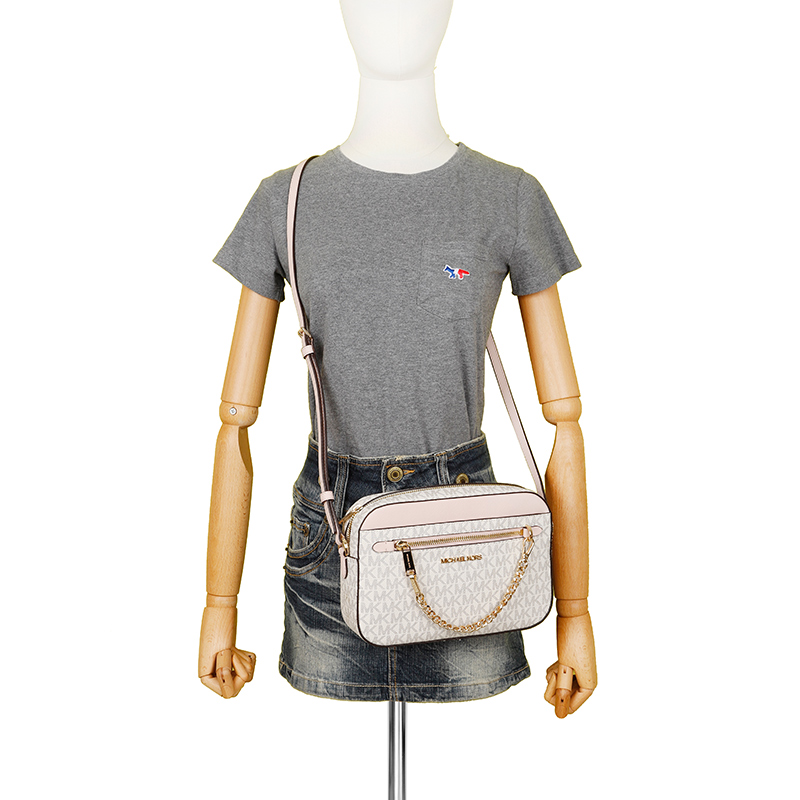 MICHAEL KORS MK 迈克·科尔斯 奢侈品 MK JET SET系列米白拼粉色MK印花中号牛皮革手拎单肩斜挎包高清大图