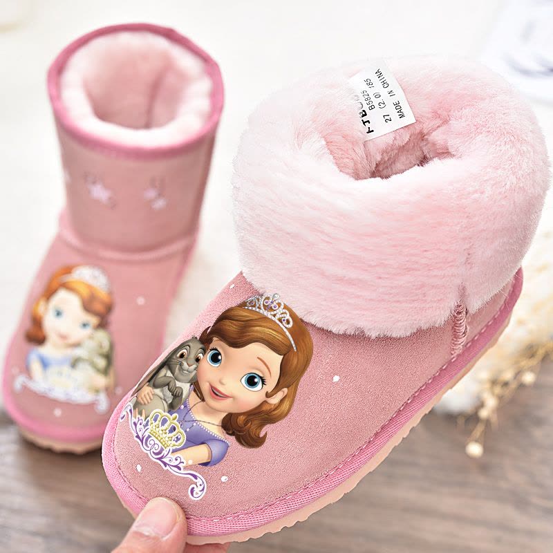 儿童雪地靴2018冬新款女童中筒靴卡通公主靴宝宝靴子女孩保暖棉靴图片