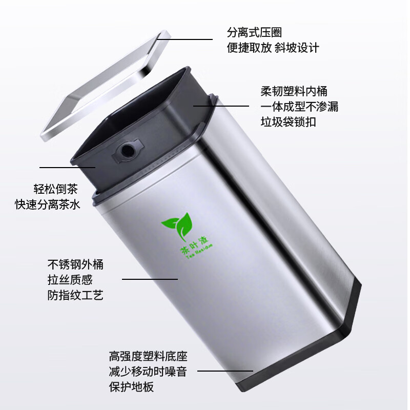 GNF茶渣桶 不锈钢大号茶水桶废水桶办公茶桶客厅干湿分离茶水垃圾桶 25L 砂钢无盖[茶水分离]防指纹高清大图
