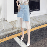 2018夏季新款韩版网纱拼接牛仔半身裙女百搭学生高腰中长款裙子浅蓝色