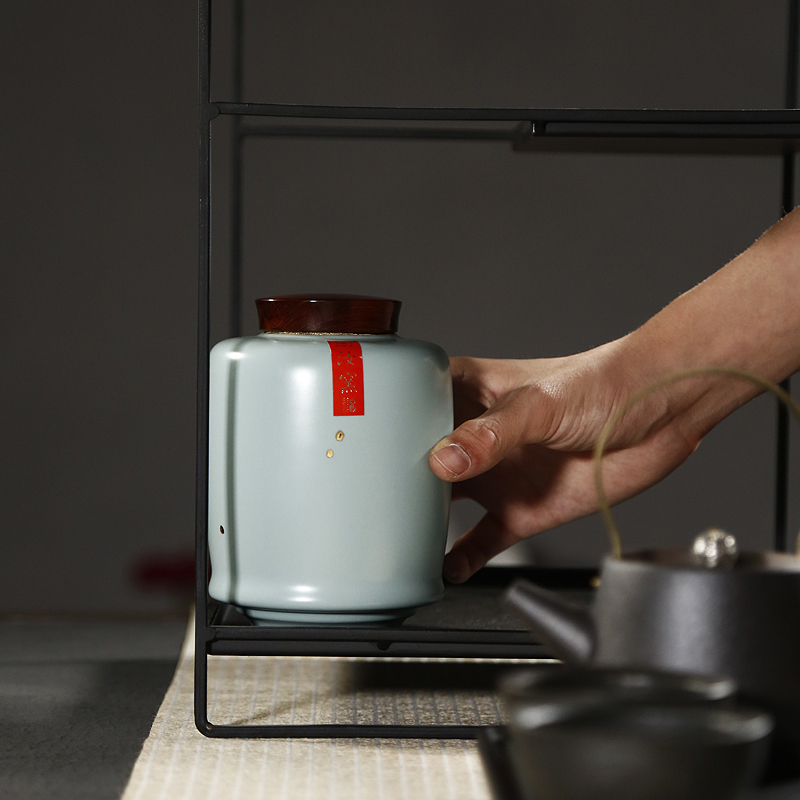 戴云品格 原矿汝窑茶叶罐开片正品汝瓷茶仓茶罐家用功夫茶具礼品 天青手工描金桐馨茶叶罐