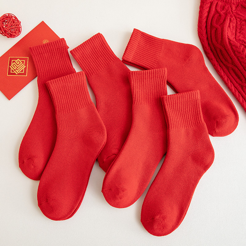可莉允大红色袜子女本命年牛年加绒加厚棉袜冬季保暖男士长袜袜子