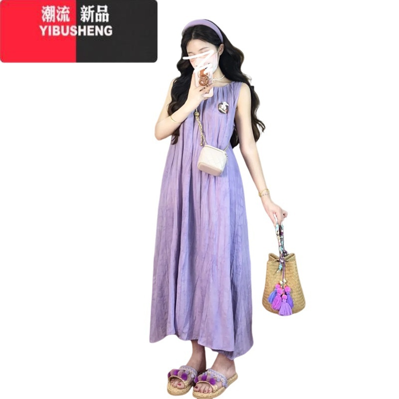 YIBUSHENG海边度假风无袖背心裙季2024新款法式气质宽松显瘦连衣裙长裙女