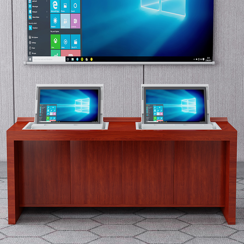 慧采云 办公家具演讲台智能翻转液晶显示器实木贴皮会议台1.4m高清大图