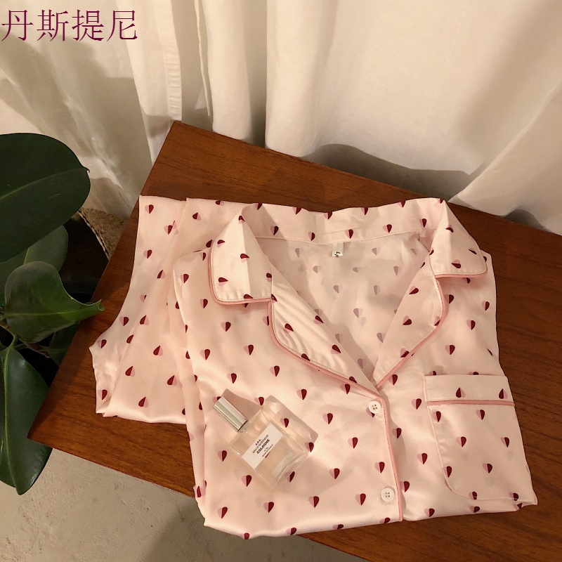 乌77 韩国 du家款宽松翻领上衣+松紧腰长裤 爱心印花睡衣套装女秋
