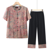 时尚休闲奶奶装夏装短袖两件套60-80岁老年女装套装老婆婆衣服女 5XL(建议155-165斤） 红色套装