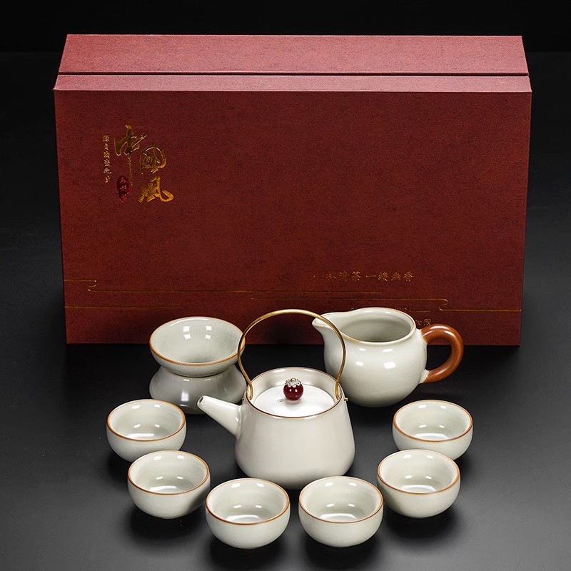 2024新款汝窑功夫茶具套装陶瓷茶壶盖碗茶杯茶盘轻奢高档家用喝茶 送礼款米黄汝窑故里提梁壶六杯9件套+中国风礼盒(小)