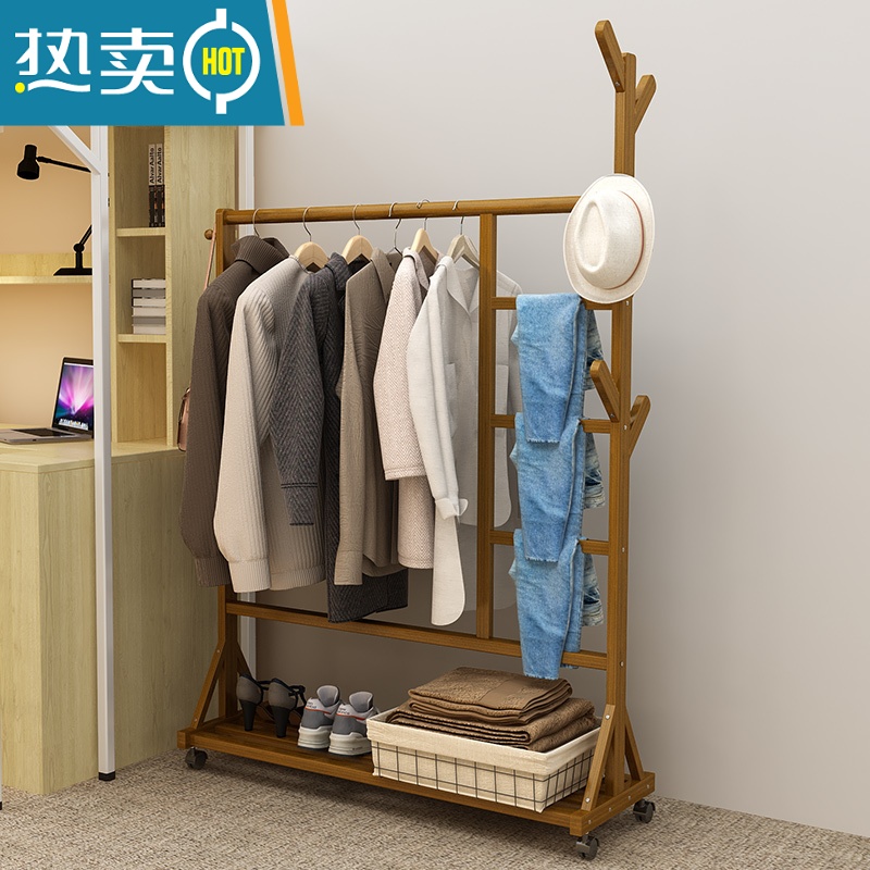 敬平简易衣架落地小型阳台衣服架子家用卧室晾衣杆多功能衣帽架挂衣架 [升级款]60长-原色 大晾晒架高清大图