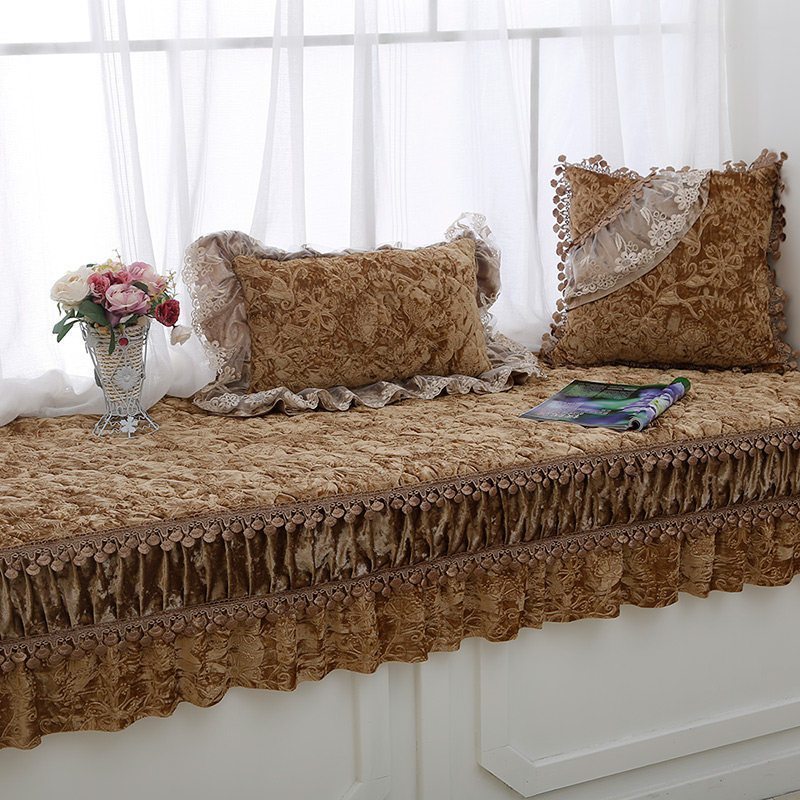 汐岩飘窗垫欧式防滑榻榻米垫四季通用窗台垫阳台垫子可裁剪飘窗坐垫厚 伯爵夫人-璀璨金(77+28裙摆)*210cm