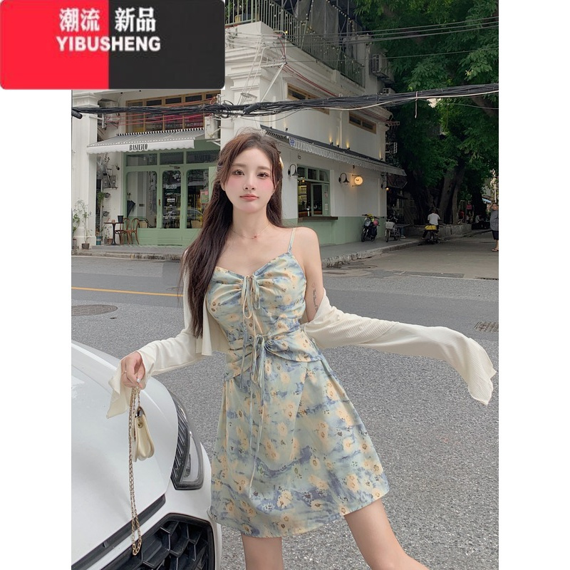 YIBUSHENG大码温柔风碎花系带吊带连衣裙女胖MM海边度假长裙开衫外套套装裙