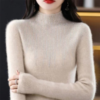 秋冬新款镶钻半高领针织衫女修身抽条长袖毛衣打底衫时尚洋气 小码【80-125】 原绒米