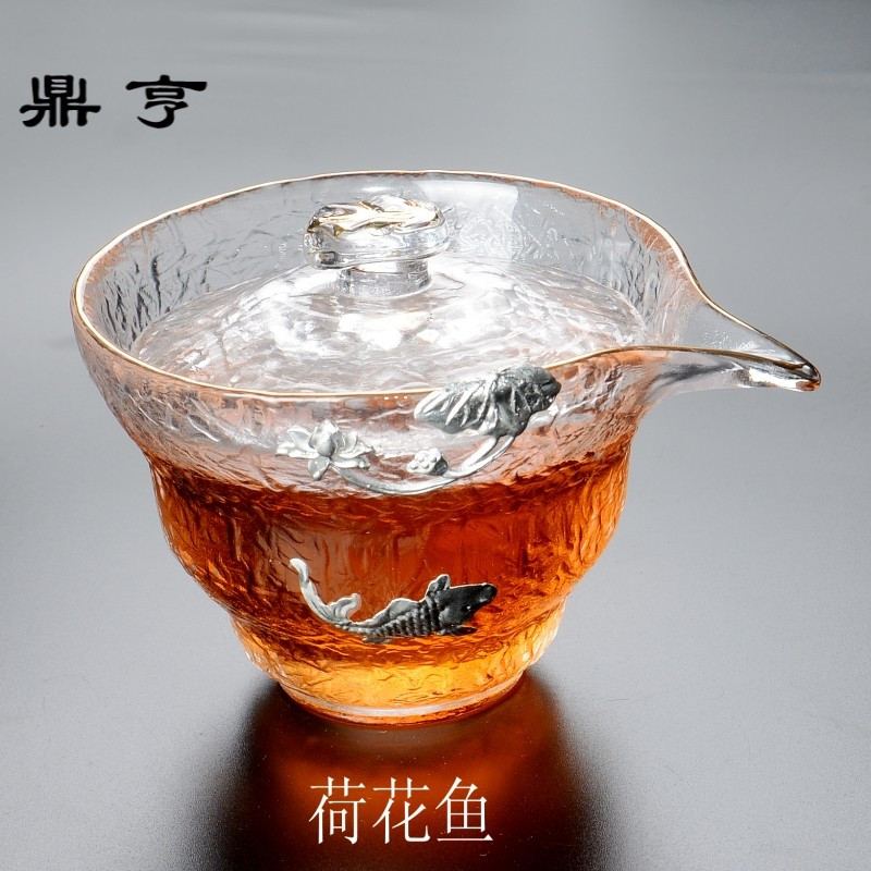 鼎亨玻璃盖碗透明防烫锡锤纹三才泡茶碗耐热大号加厚功夫茶具家用