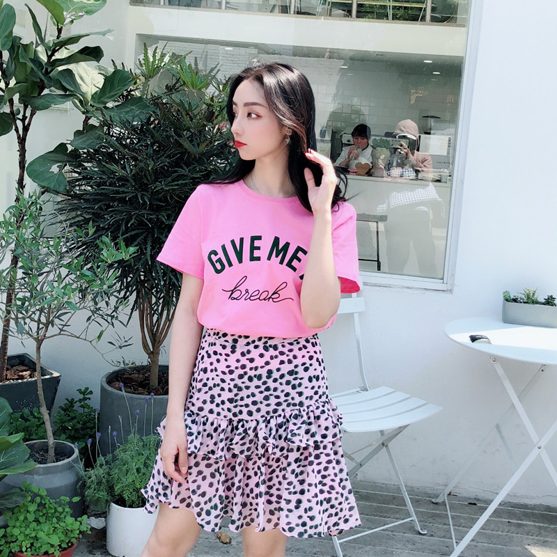 小心机俏皮套装女夏韩版时尚百搭字母短袖T恤+高腰雪纺豹纹半身裙