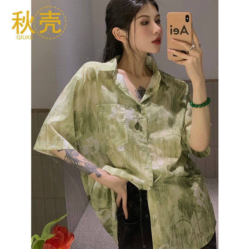 秋壳花卉渐变短袖衬衫男女款夏季情侣装夏威夷衬衣外套潮流上衣