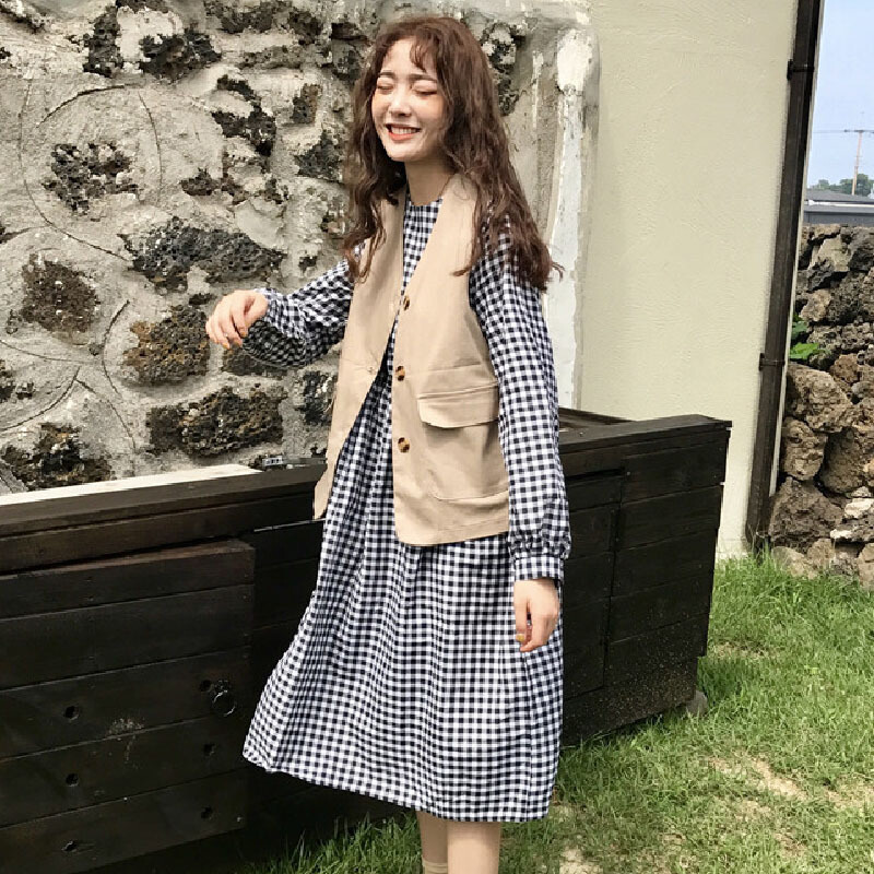 春装女装韩版中长款宽松显瘦长袖格子连衣裙学生长裙+马甲背心潮格子裙单件均码