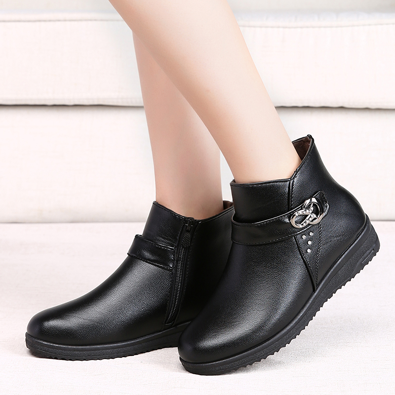 名洋鸟老人棉鞋女冬季妈妈鞋短靴加绒棉皮鞋保暖防滑平跟平底奶奶中