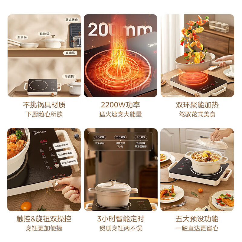 美的(Midea)电磁炉电陶炉家用火锅专用不挑锅煮茶小型大功率爆炒炒菜防水面板电磁灶MC-HW2210高清大图