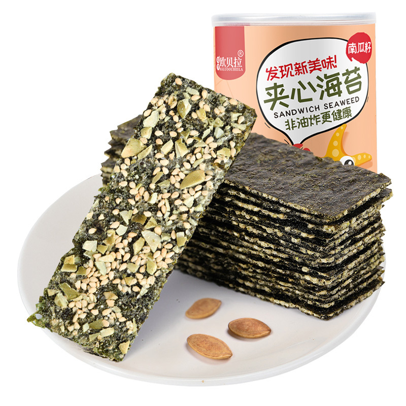 欧贝拉 海味即食 海苔类 夹心海苔南瓜仁味单罐40g装大片紫菜孕妇儿童休闲小吃零食品