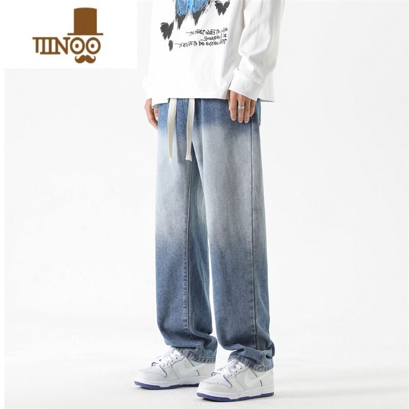 YANXU黑灰色美式高街复古渐变牛仔裤男士潮牌夏款直筒阔腿长裤子高清大图