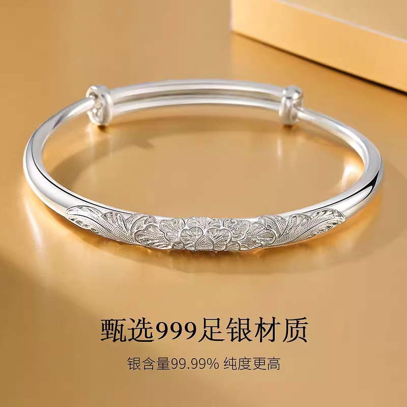 富贵牡丹足银9999纯银手镯实心女牡丹花推拉繁花时尚银镯送女友礼