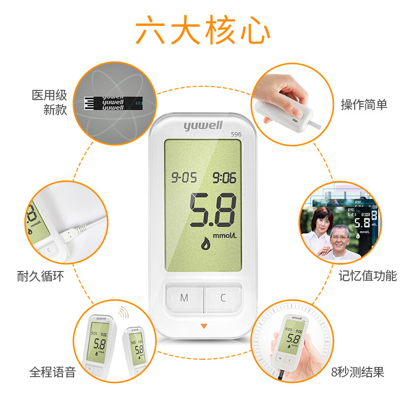 鱼跃 Yuwell 血糖仪596 糖尿病家用精准全自动测试血糖试纸(赠50片试纸+50支采血针)