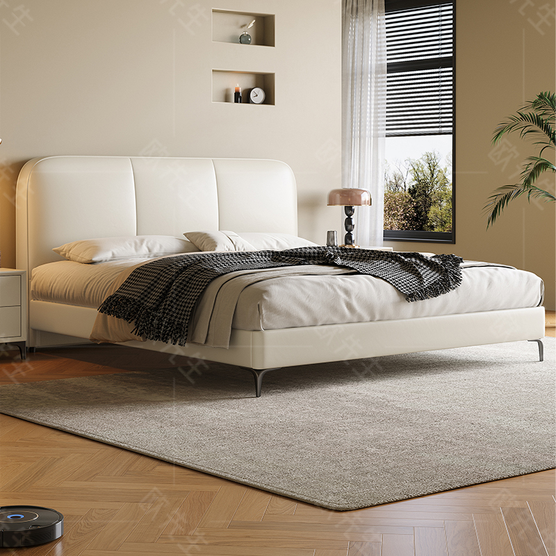 豆腐块头层牛皮床主卧次卧双人大床实木真皮极简婚床高清大图