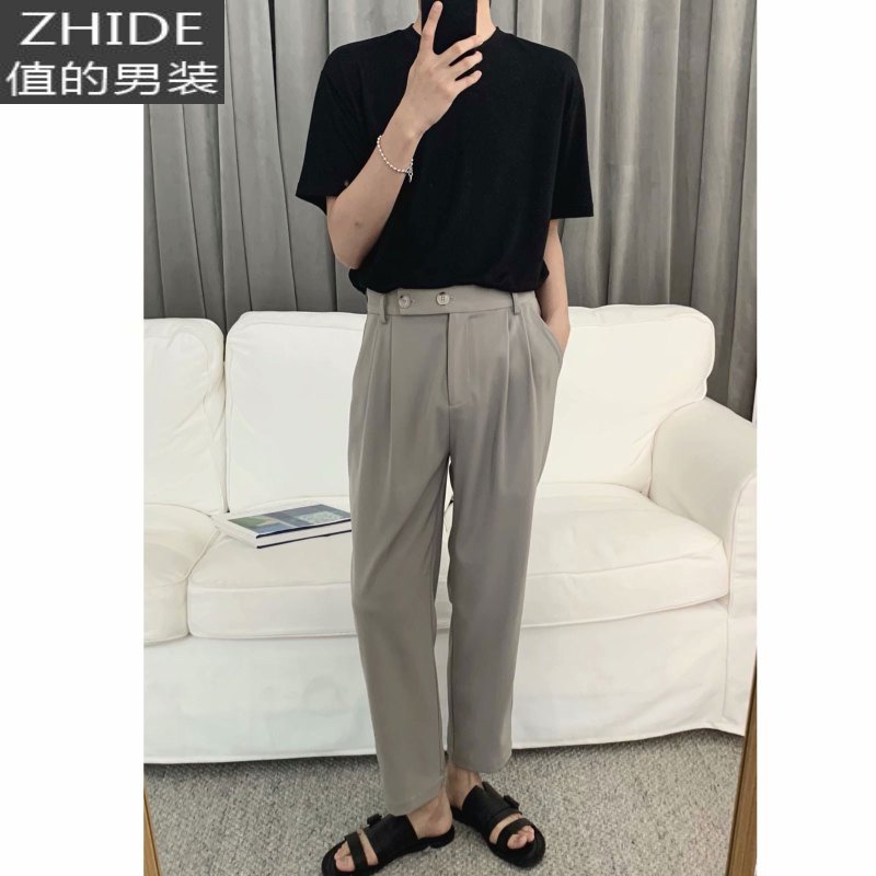 小西裤男垂感九分裤子韩版潮流修身小脚休闲裤男士纯色直筒西装裤 灰色 L