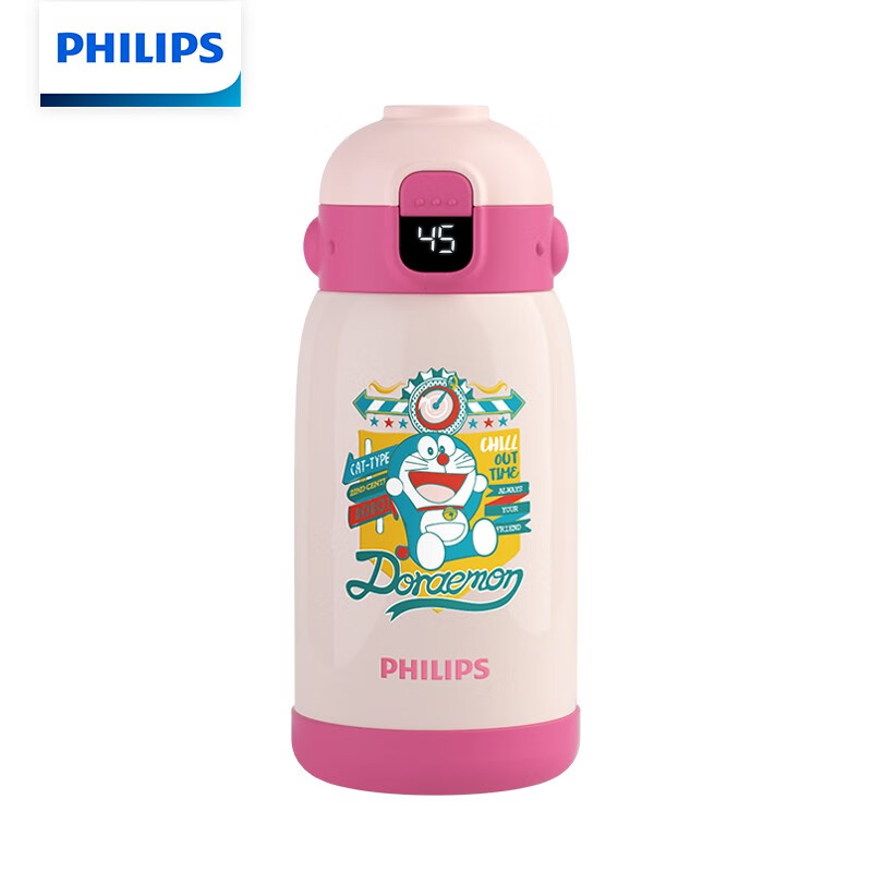 飞利浦(PHILIPS) 保温杯316不锈钢内胆儿童带杯套便携弹盖吸管温度不锈钢保温杯 双盖黄色 哆啦A梦双盖粉色