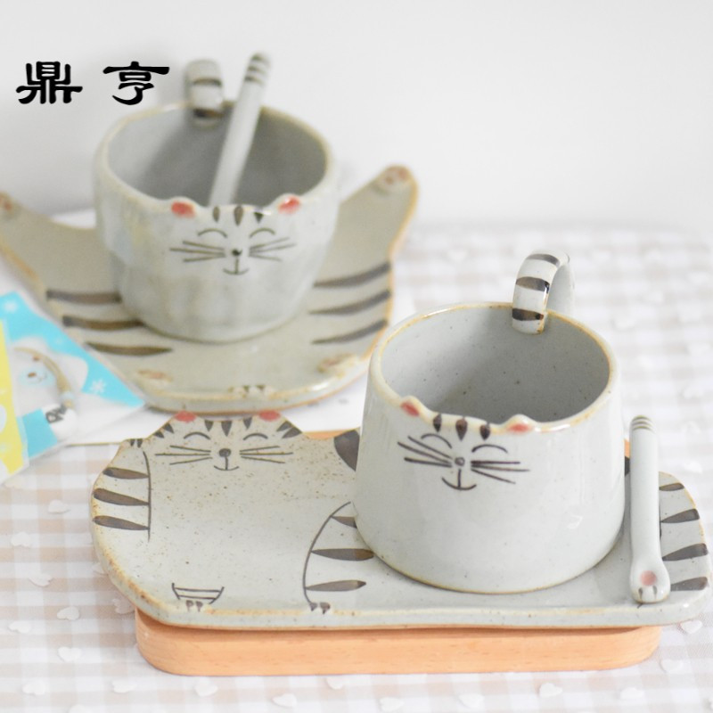 鼎亨景德镇手绘猫咪陶瓷杯子手工咖啡杯带勺带碟可爱卡通萌物趣味