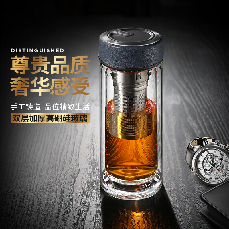 [精选]清水(SHIMIZU)双层玻璃杯带盖过滤茶杯透明玻璃水杯子礼盒8012 藏青色 250ml