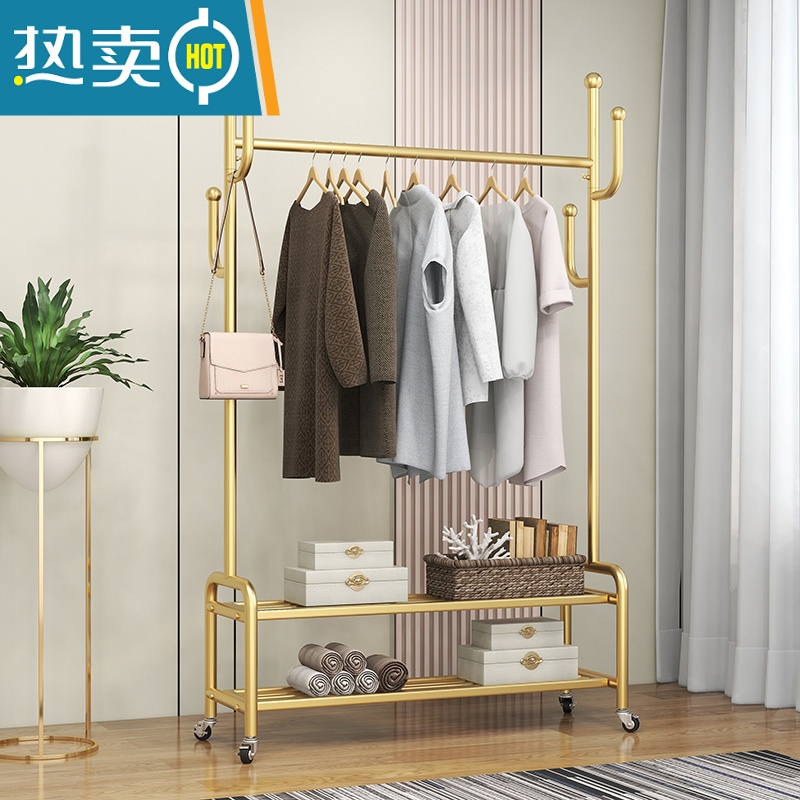 敬平衣帽架简易落地晾衣杆租房省空间晾晒挂衣服架室内床头挂衣杆带轮 白色长60高175配2.0轮子晾晒架高清大图