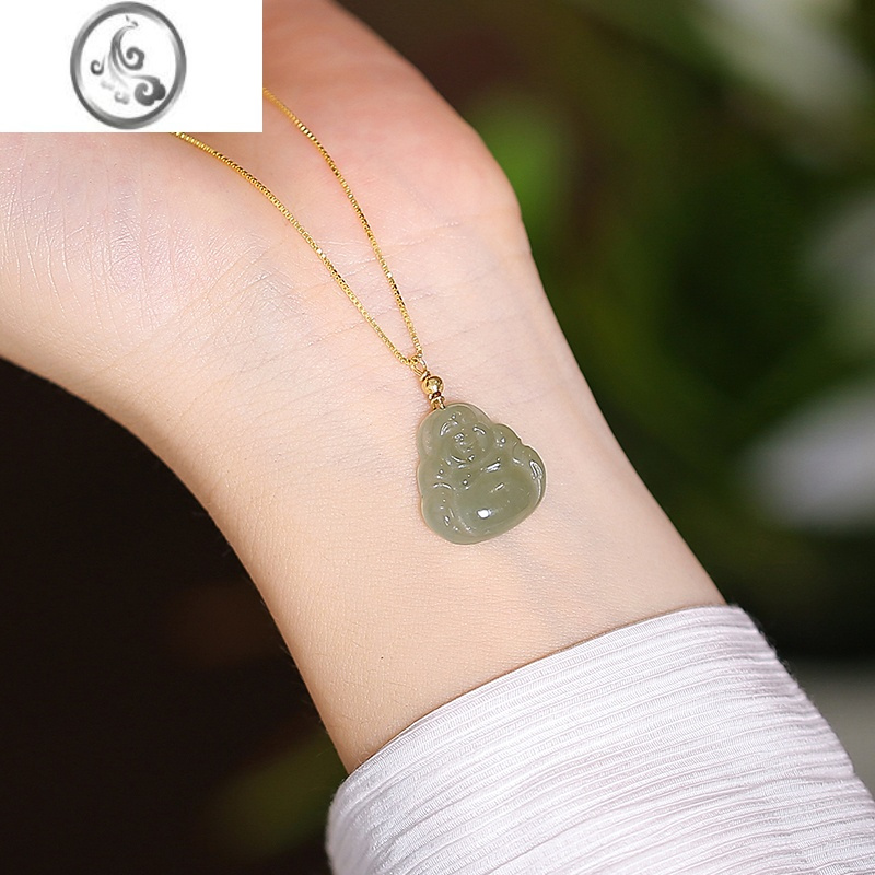 jimi弥勒佛和田玉项链女夏银银锁骨链玉石无事牌玉坠碧玉吊坠玉佛