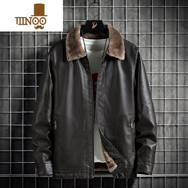 YANXU加绒加厚皮衣男士休闲翻领免打理爸爸冬装外套中老年冬季皮夹克男 咖啡 5XL190-210斤左右