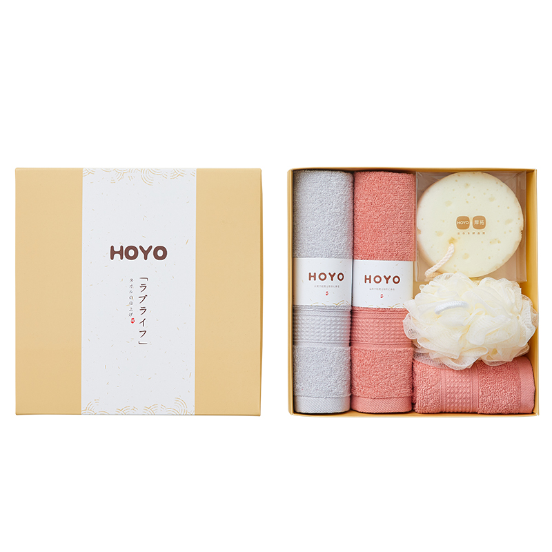 HOYO沐浴5件套(方巾*1+毛巾*2+沐浴海绵*1+浴花*1)7734(浅灰+西瓜红)高清大图
